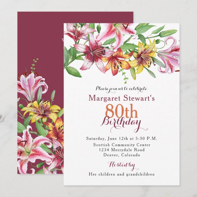 Invitation d'anniversaire de fleur de lis tigré de (Devant / Derrière)