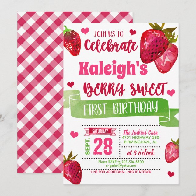 Invitation d'anniversaire de fraise (Devant / Derrière)