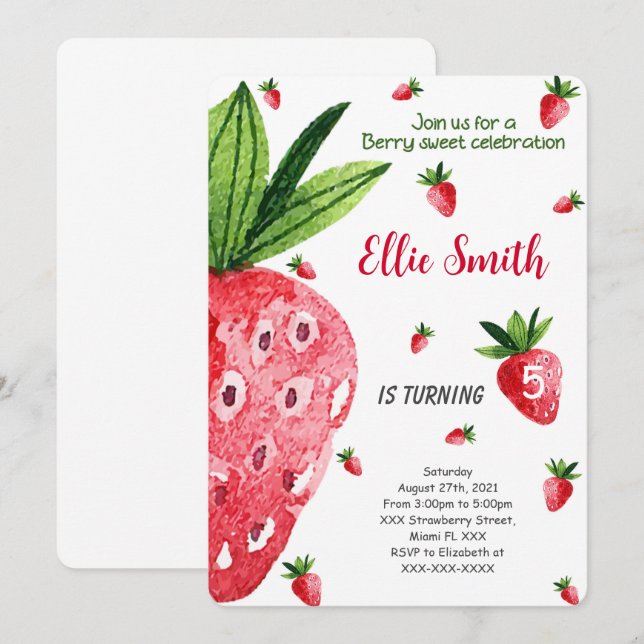 Invitation d'anniversaire de fraise modifiable (Devant / Derrière)