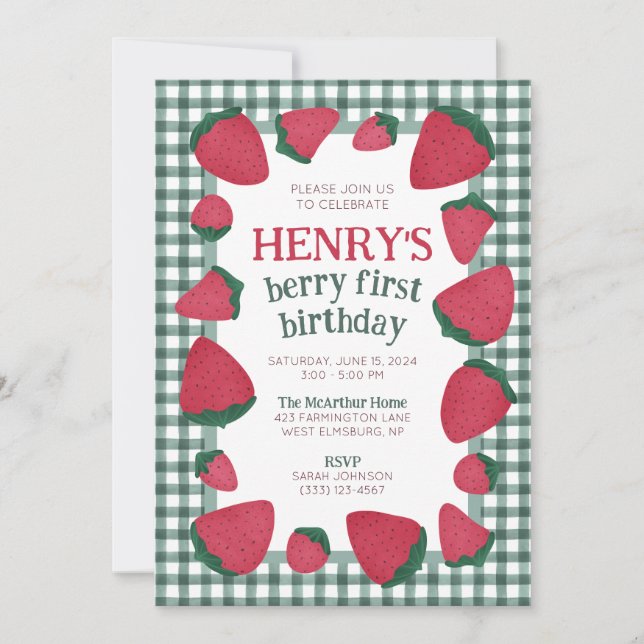 Invitation d'anniversaire de fraise pour garçon ou (Devant)