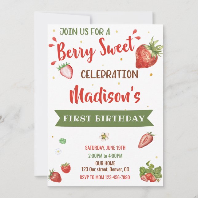 Invitation d'anniversaire de fraise Première fille (Devant)