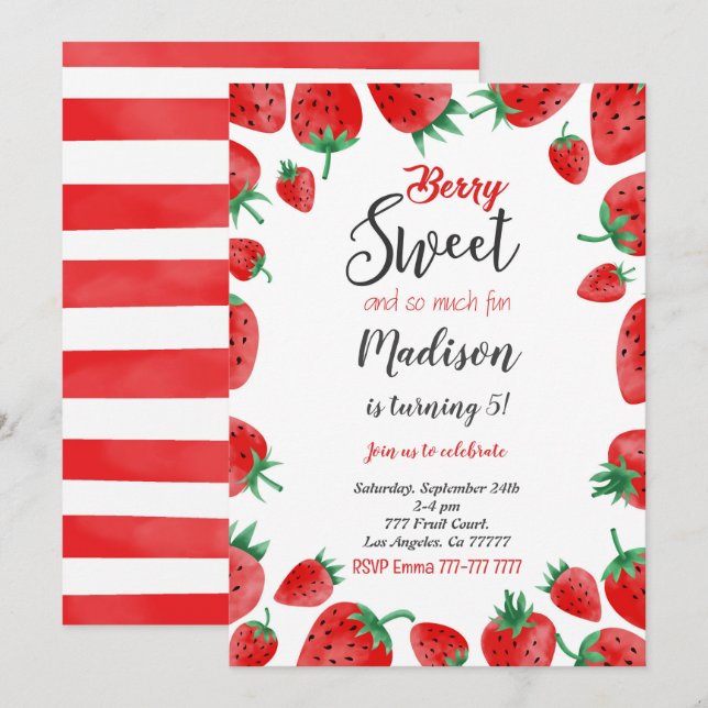 Invitation d'anniversaire de fraises (Devant / Derrière)