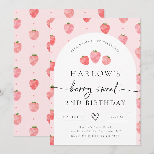 Invitation d'anniversaire de fraises | Berry Anniv (Devant / Derrière)