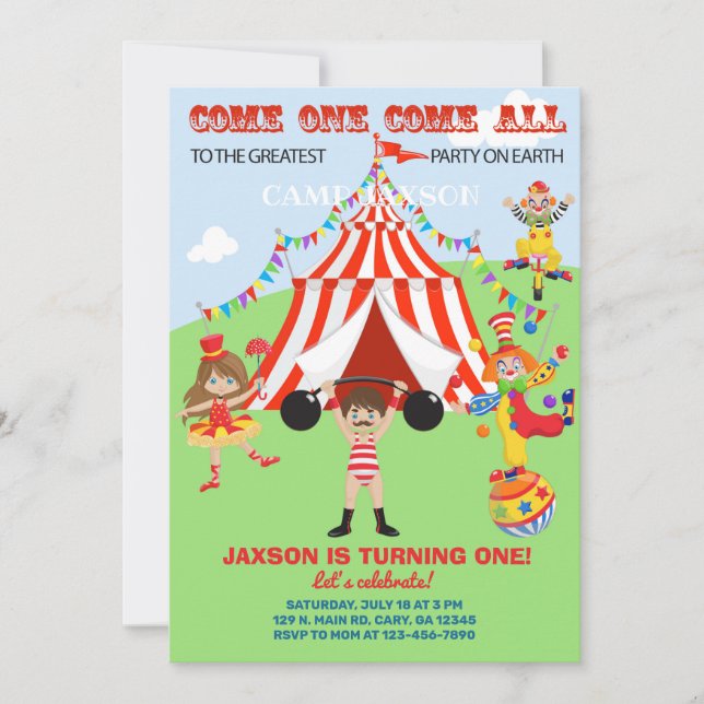 Invitation d'anniversaire de garçon de cirque, inv (Devant)