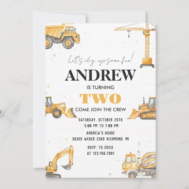 Invitation d'anniversaire de garçon de constructio (Devant)