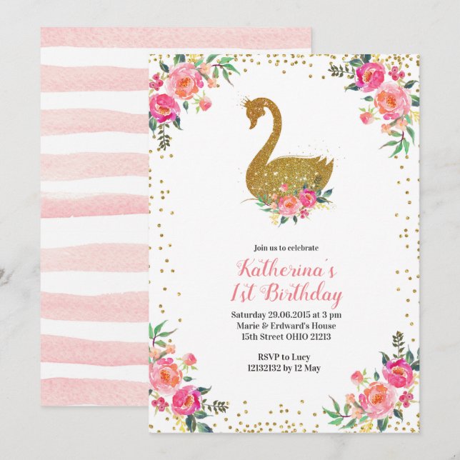 Invitation d'anniversaire de Girl Pink and Gold Sw (Devant / Derrière)