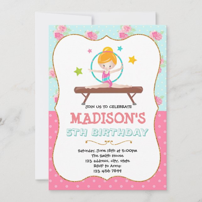 Invitation d'anniversaire de gymnastique mignonne (Devant)