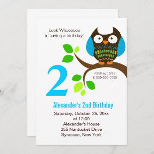 Invitation d'anniversaire de hibou pour garçons bl
