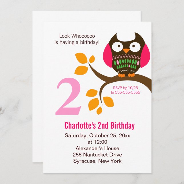 Invitation d'anniversaire de hibou pour les filles (Devant / Derrière)