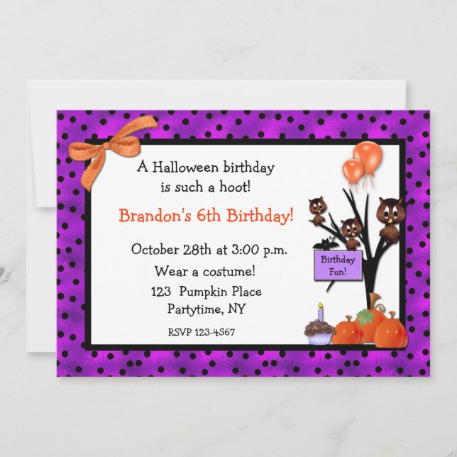 Invitation d'anniversaire de hiboux de Halloween (Devant)