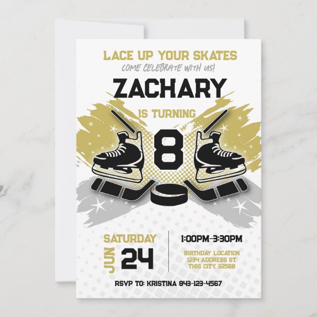 Invitation d'anniversaire de hockey GOLD thème (Devant)