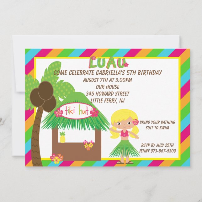 Invitation d'anniversaire de Hula Girl Tiki Hut (Devant)