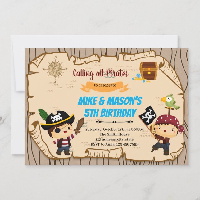 Invitation d'anniversaire de jumeaux pirates (Devant)