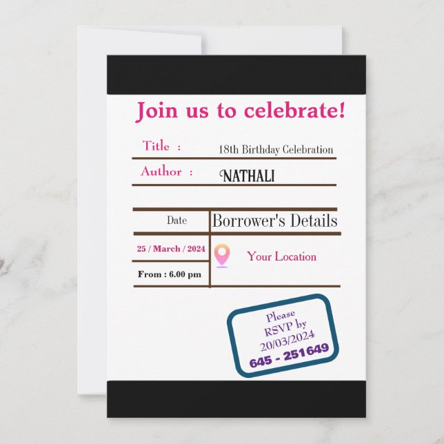 Invitation d'anniversaire de la carte de bibliothè (Devant)