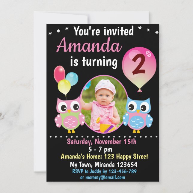 Invitation d'anniversaire de la Chouette bleue ros (Devant)