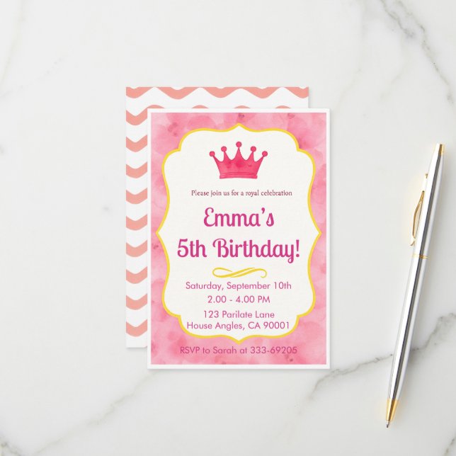 Invitation d'anniversaire de la Couronne rose | za (Devant/Arrière en situation)
