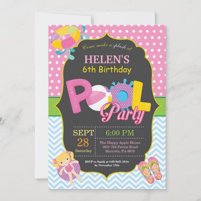 Invitation d'anniversaire de la fête de la piscine (Devant)