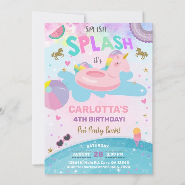Invitation d'anniversaire de la fête de la piscine (Devant)