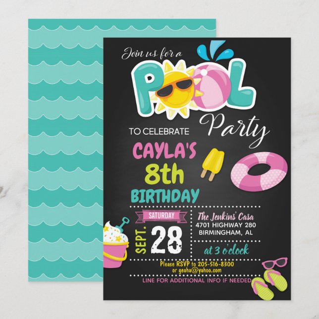 Invitation d'anniversaire de la fête de la piscine (Devant / Derrière)
