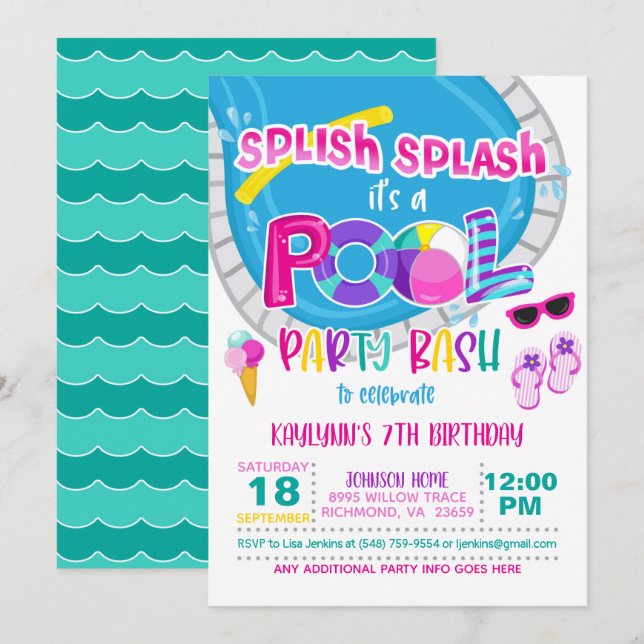 Invitation d'anniversaire de la fête de la piscine (Devant / Derrière)