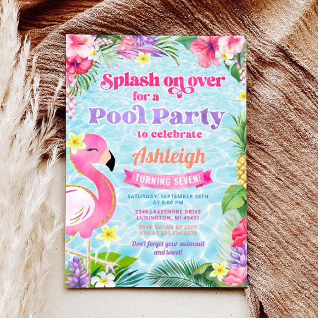 Invitation d'anniversaire de la fête de la piscine (Tropical Girly Pool Party Birthday Invitation)