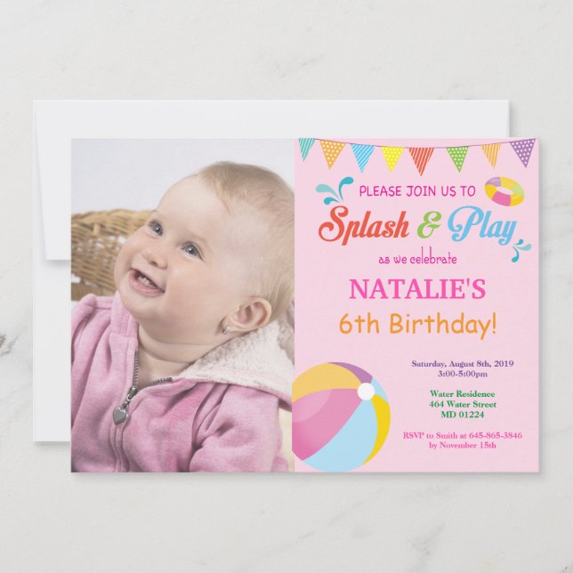 Invitation d'anniversaire de la fête de la piscine (Devant)