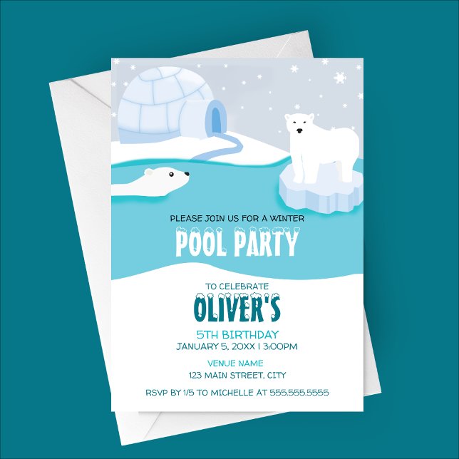 Invitation d'anniversaire de la fête du pool d'our (Polar Bear Pool Party Winter Birthday Invitation)