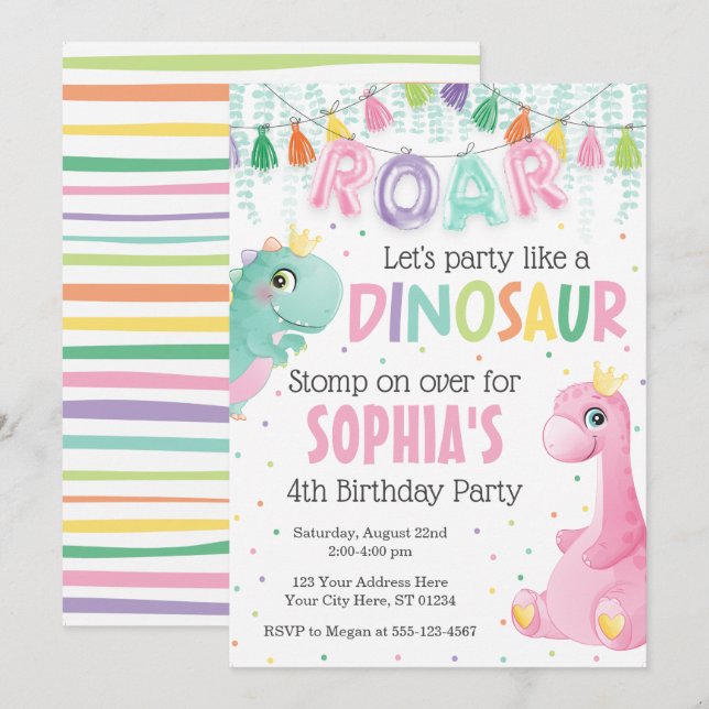 Invitation d'anniversaire de la fille Dinosaur (Devant / Derrière)