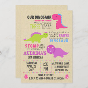 Invitation d'anniversaire de la fille Dinosaur