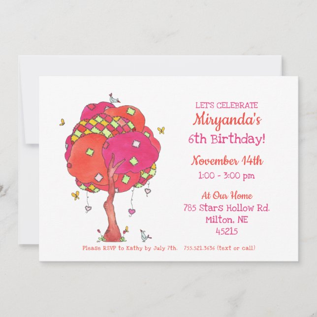 Invitation d'anniversaire de la fille d'oiseau d'a (Devant)