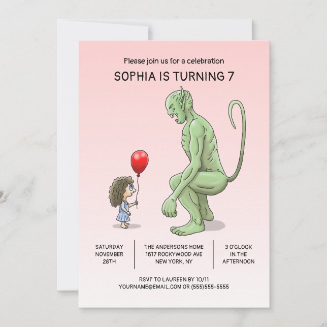 Invitation d'anniversaire de la fille et du troll (Devant)