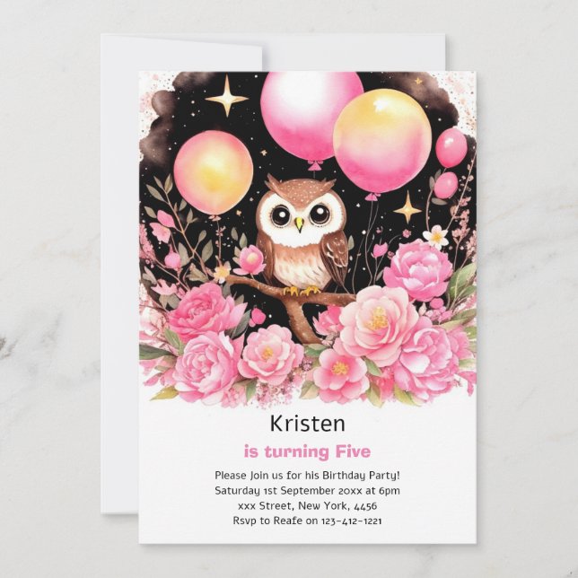 Invitation d'anniversaire de la fille Owl Kids (Devant)