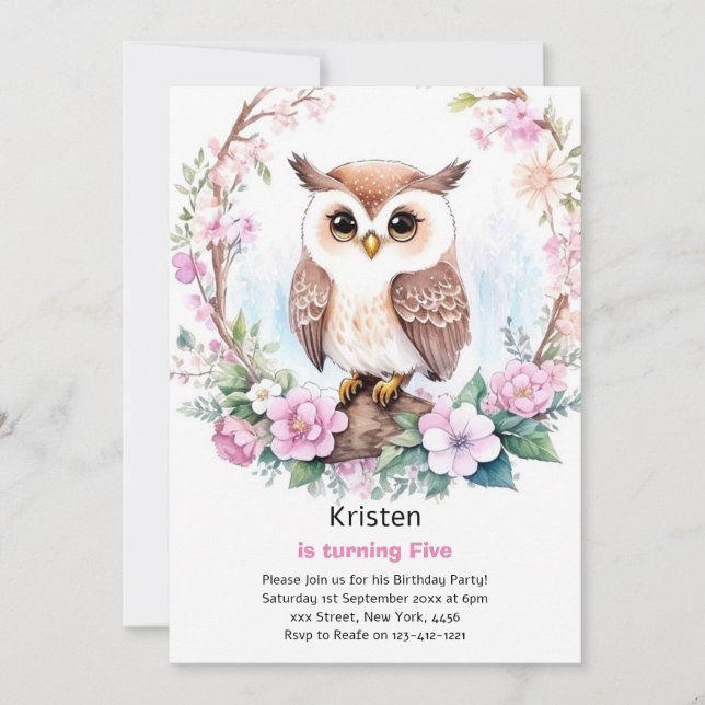 Invitation d'anniversaire de la fille Owl Kids (Devant)