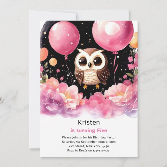 Invitation d'anniversaire de la fille Owl Kids (Devant)