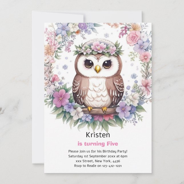 Invitation d'anniversaire de la fille Owl Kids (Devant)