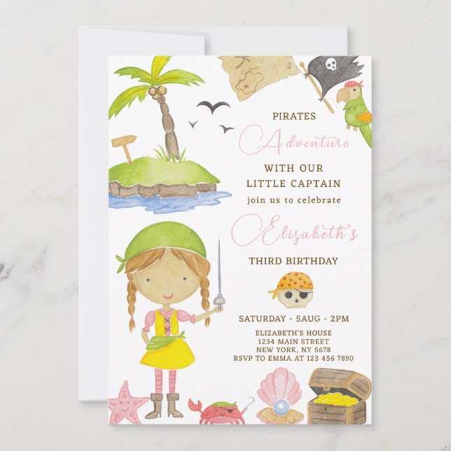 Invitation d'anniversaire de la fille Pirate (Devant)