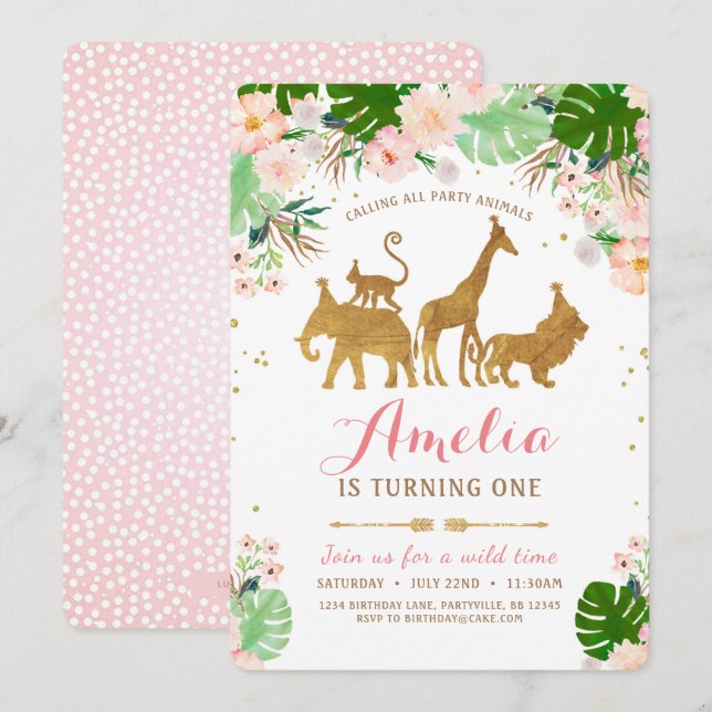 Invitation d'anniversaire de la fille Safari Rose (Devant / Derrière)