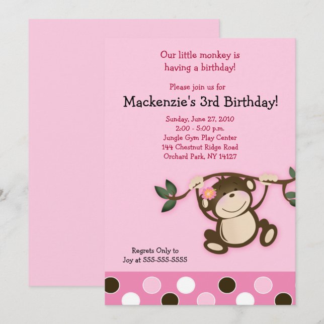 Invitation d'anniversaire de la fille singe rose (Devant / Derrière)