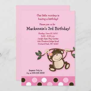 Invitation d'anniversaire de la fille singe rose
