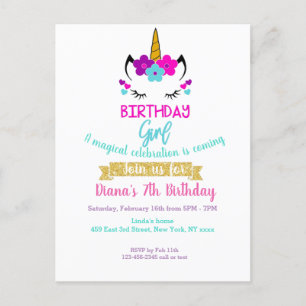 Invitation d'anniversaire de la fille thème Unicor