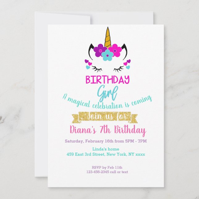 Invitation d'anniversaire de la fille thème Unicor (Devant)