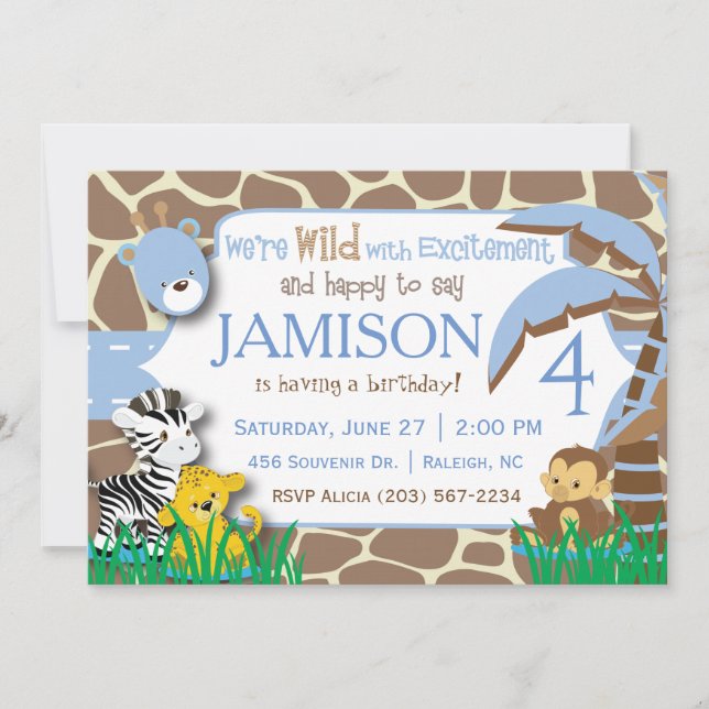 Invitation d'anniversaire de la Jungle Bleue (Devant)