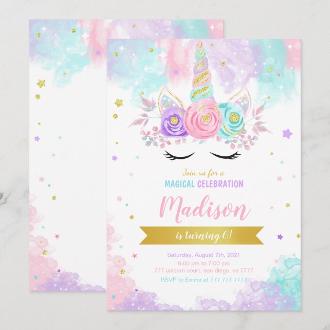 Invitation d'anniversaire de la licorne (Devant / Derrière)