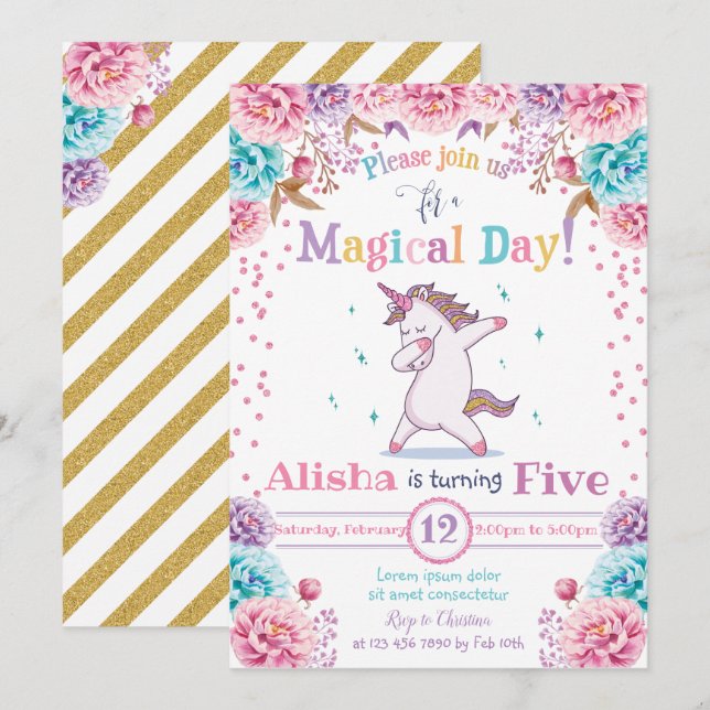 Invitation d'anniversaire de la licorne (Devant / Derrière)