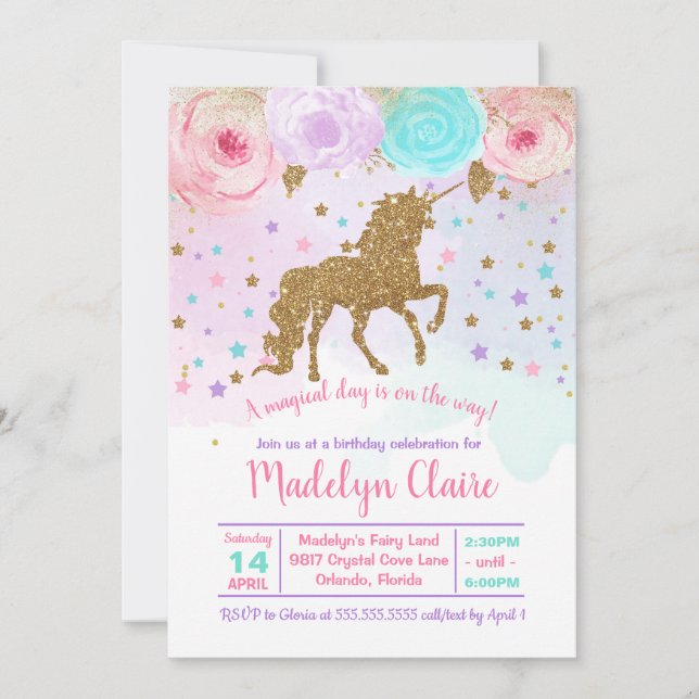 Invitation d'anniversaire de la licorne (Devant)