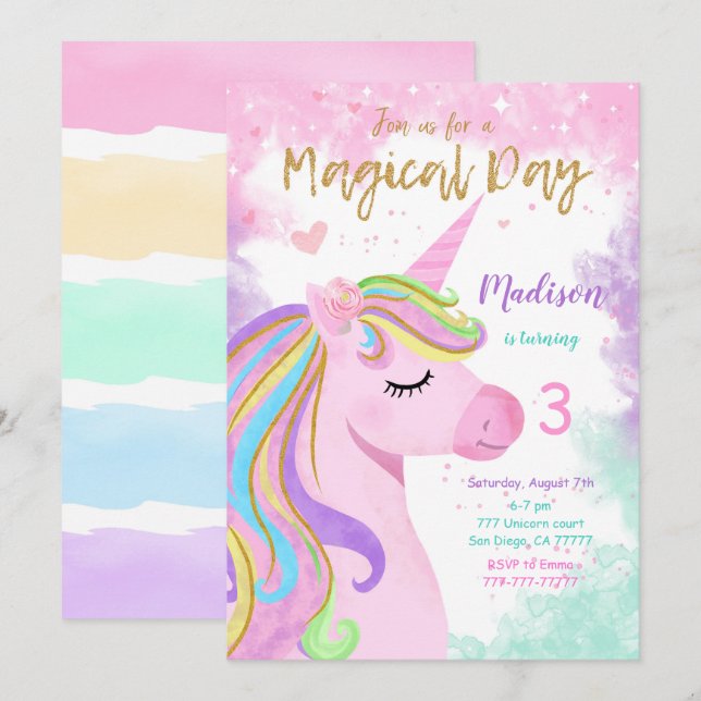 Invitation d'anniversaire de la licorne (Devant / Derrière)