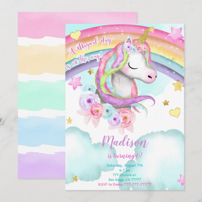 Invitation d'anniversaire de la licorne (Devant / Derrière)
