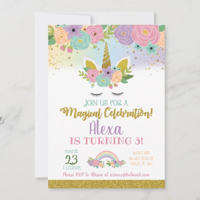 Invitation d'anniversaire de la licorne (Devant)