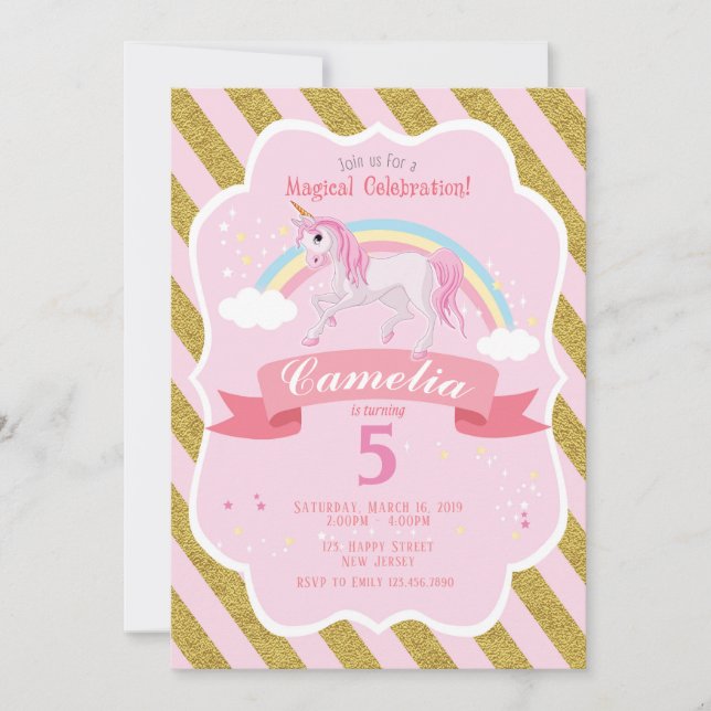 Invitation d'anniversaire de la licorne (Devant)