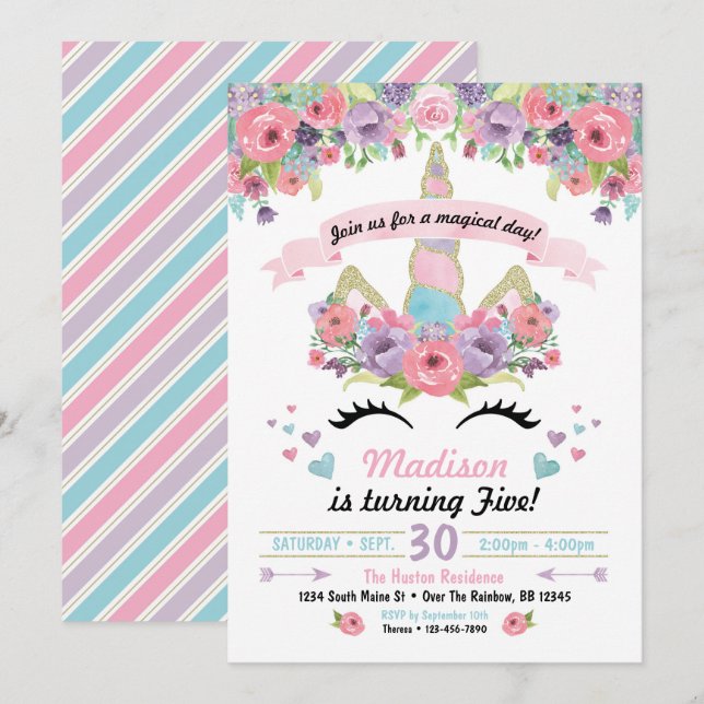 Invitation d'anniversaire de la licorne (Devant / Derrière)